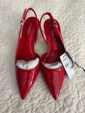 Express Women's Red Patent Pointed Slingback Heels